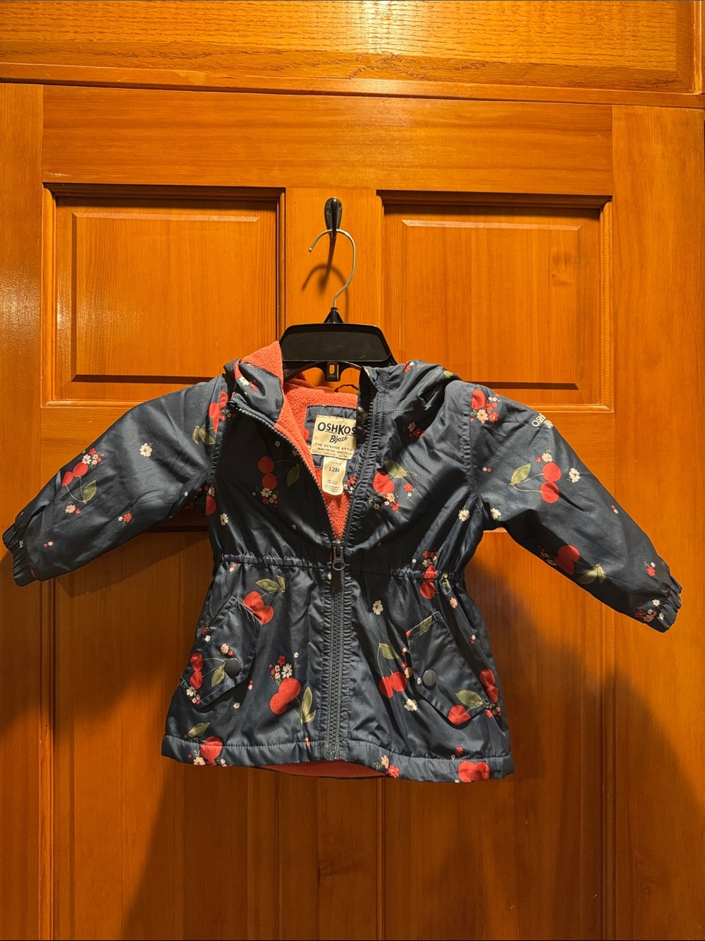 OshKosh B'gosh Navy Cherry & Floral Hooded Toddler Fleece Jacket Size 12 Months